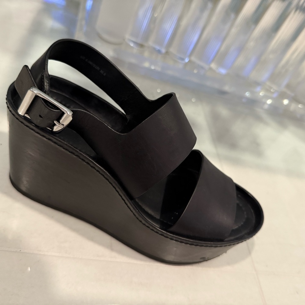 Vince Black Wedge Sandals with Adjustable Ankle Strap
